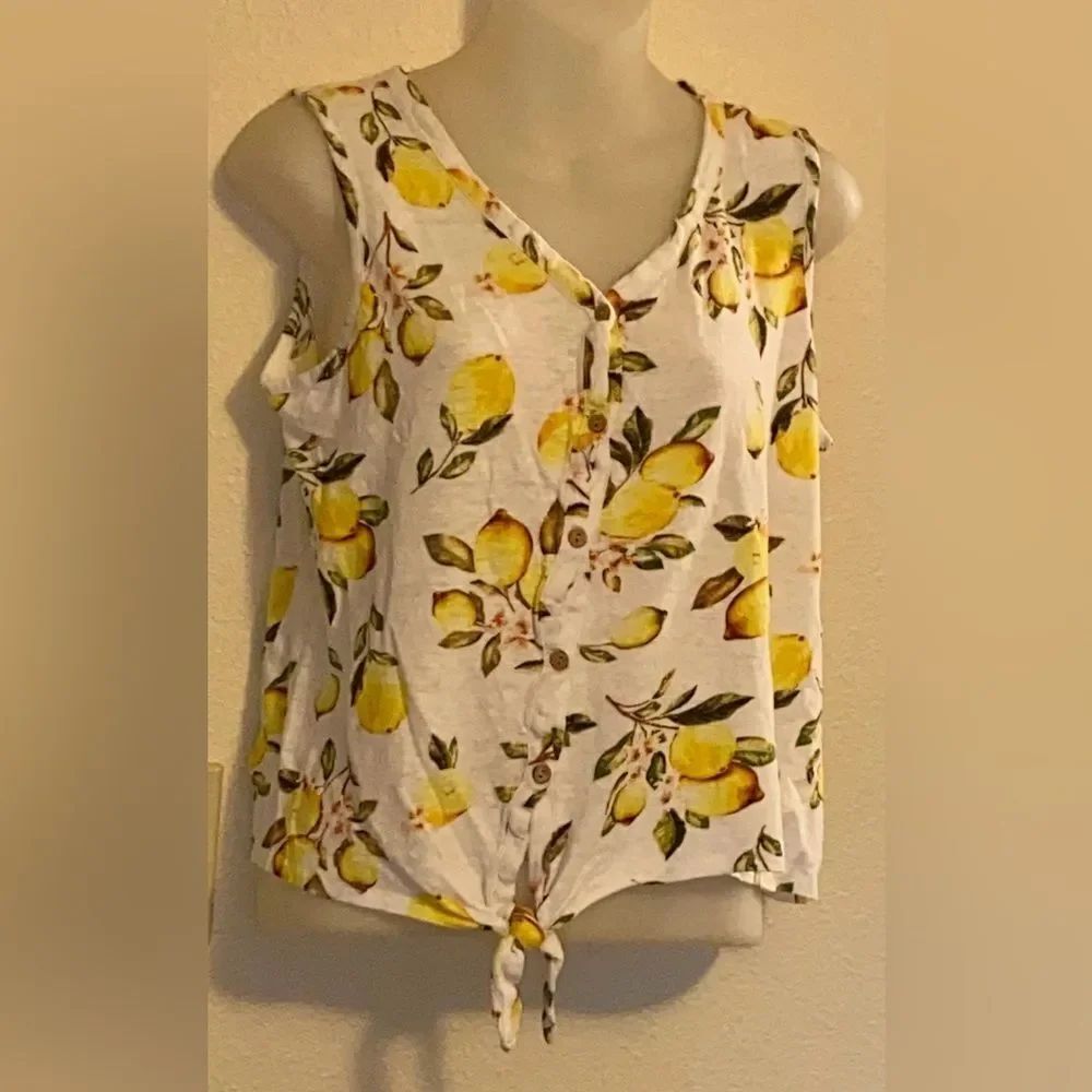 CYNTHIA ROWLEY Citrus Print Sleeveless Tie-Front Blouse Size L